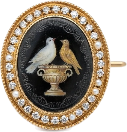 Onyx & pearl, 18k yellow gold brooch